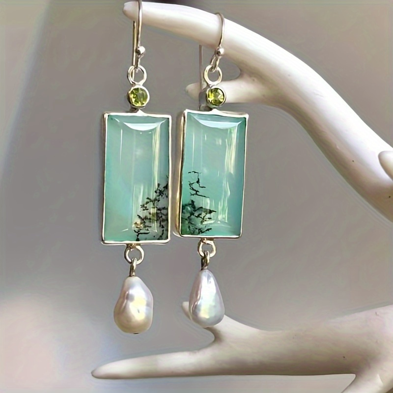 TEMU Vintage Bohemian And Pearl Pendant Earrings - Silver Plated Alloy, Suitable For Or Party Wear