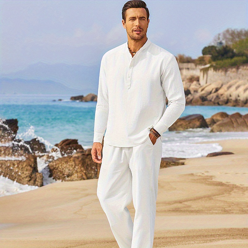 

Men's 2 Pieces Cotton Linen Set Long Sleeve Henley Shirts Casual Beach Pants With Pockets Summer Yoga Outfits