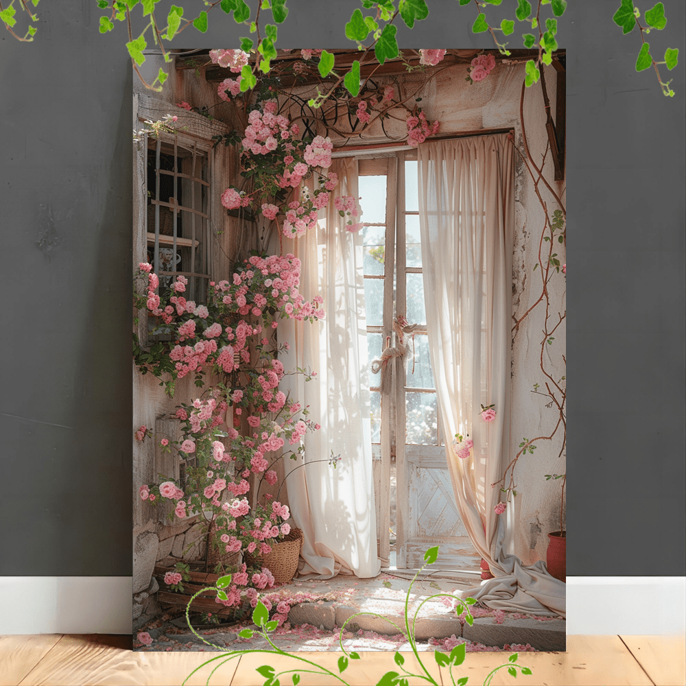 

1pc Wooden Framed Canvas Painting Vintage Doorway, Soft Curtains, Blooming Flowers, Rustic Decor, Pastel Colors, Romantic Garden, Sunlight Streaming, Shabby Chic, Cozy Ambiance, Charming