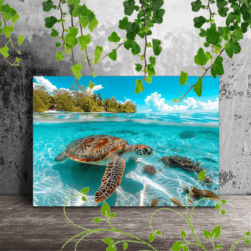 

1pc Wooden Framed Canvas Painting Sea Turtle, Ocean Surface, Clear Water, Tropical Island, Sunny Day, Underwater View (1)