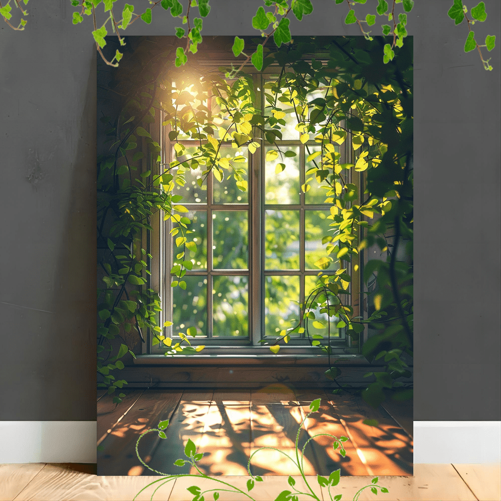 

1pc Wooden Framed Canvas Painting Sunlit Window, Green Foliage, Soft Light, Warm Atmosphere, Nature View, Interior Reflection.(2)