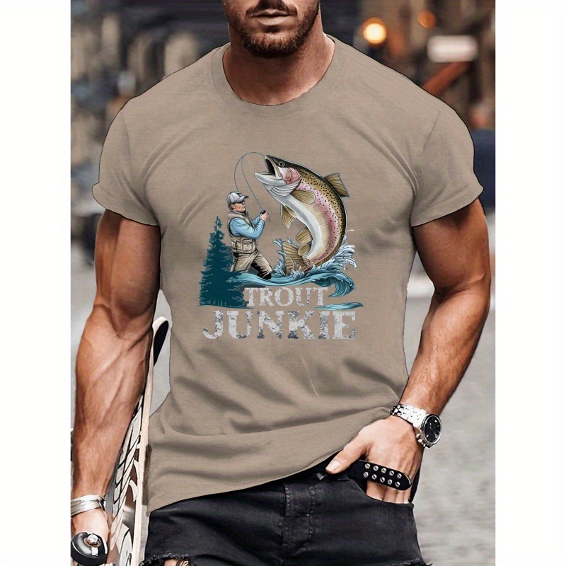 

Angler Trout Junkie Pattern Print Tee Shirt, Tees For Men, Casual Short Sleeve T-shirt For Summer