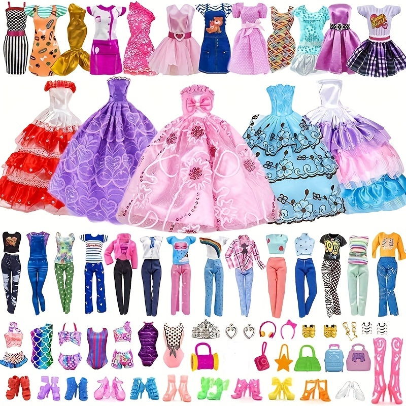 

50-piece Doll Clothes And Accessories Set For 11.5-inch Dolls - Includes 3 Princess Gowns, 10 Casual Dresses, 5 Bikinis, Assorted Shoes And Bags, Age 6-8 Years - Fashion Pack, Random Styles