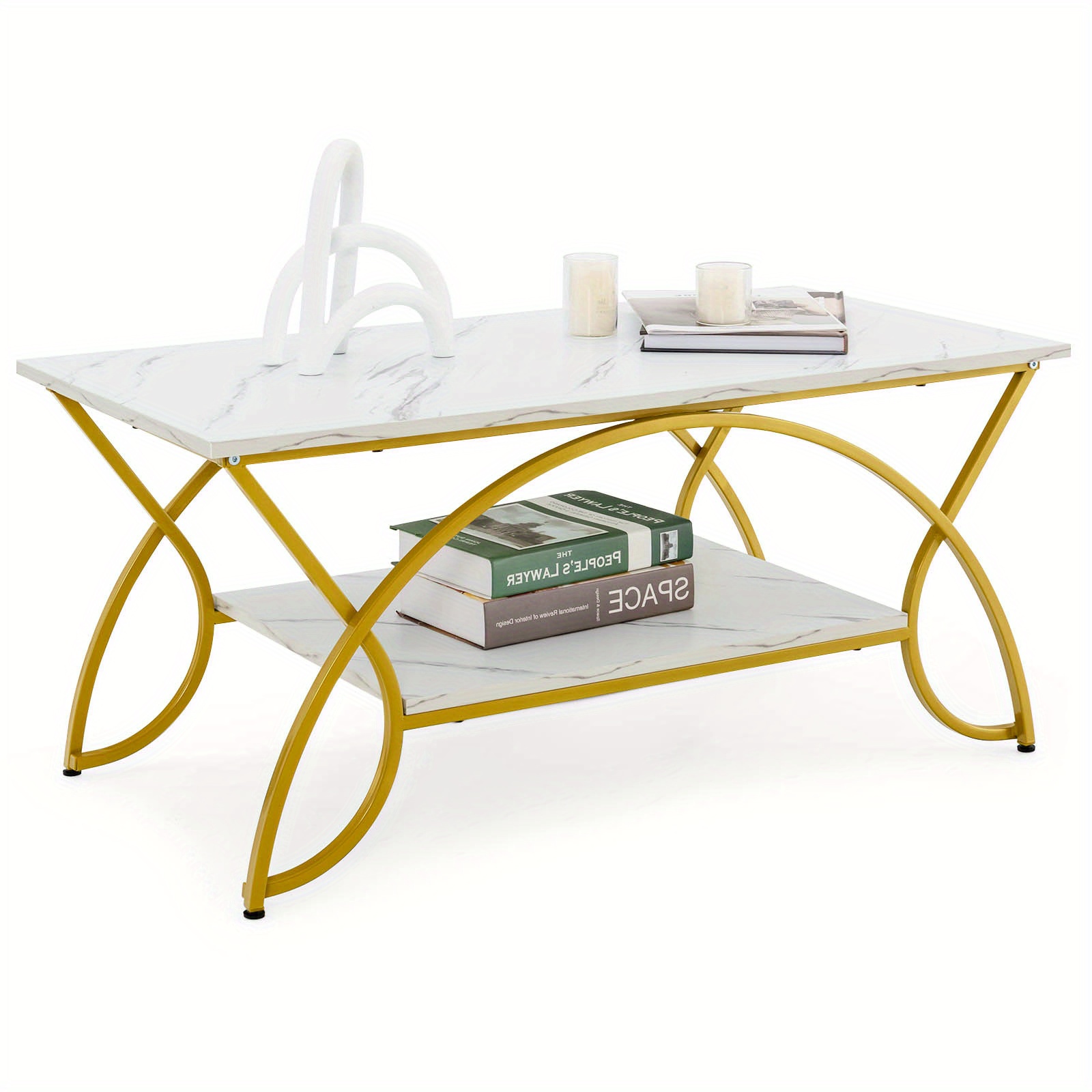 

Maxmass Coffee Table Modern Marble 2-tier Coffee Table Golden Rectangle For Living Room