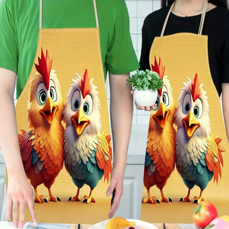 

Chic Linen Apron With Animal & Floral Prints - Waterproof, Thickened Waist Design For Cooking And Household Tasks - Cute , , Rooster Patterns