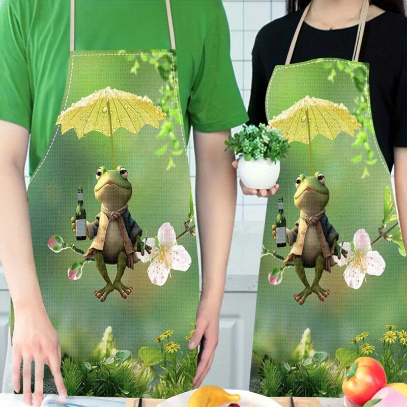 

Chic Linen Apron With Animal & Floral Prints - Waterproof, Thickened Waist Design For Cooking And Household Tasks - Featuring , Frog, Cat, Rooster