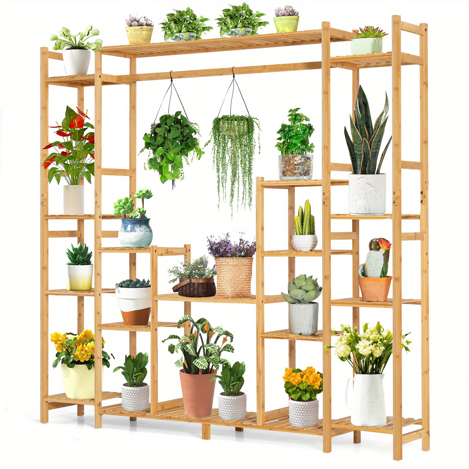 

9-tier Bamboo Plant Stand Potted Holder W/hanging Rack Tall Display Shelf