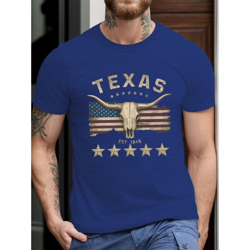 

Texas Longhorn Skull Head Print Tee Shirt, Tees For Men, Casual Short Sleeve T-shirt For Summer