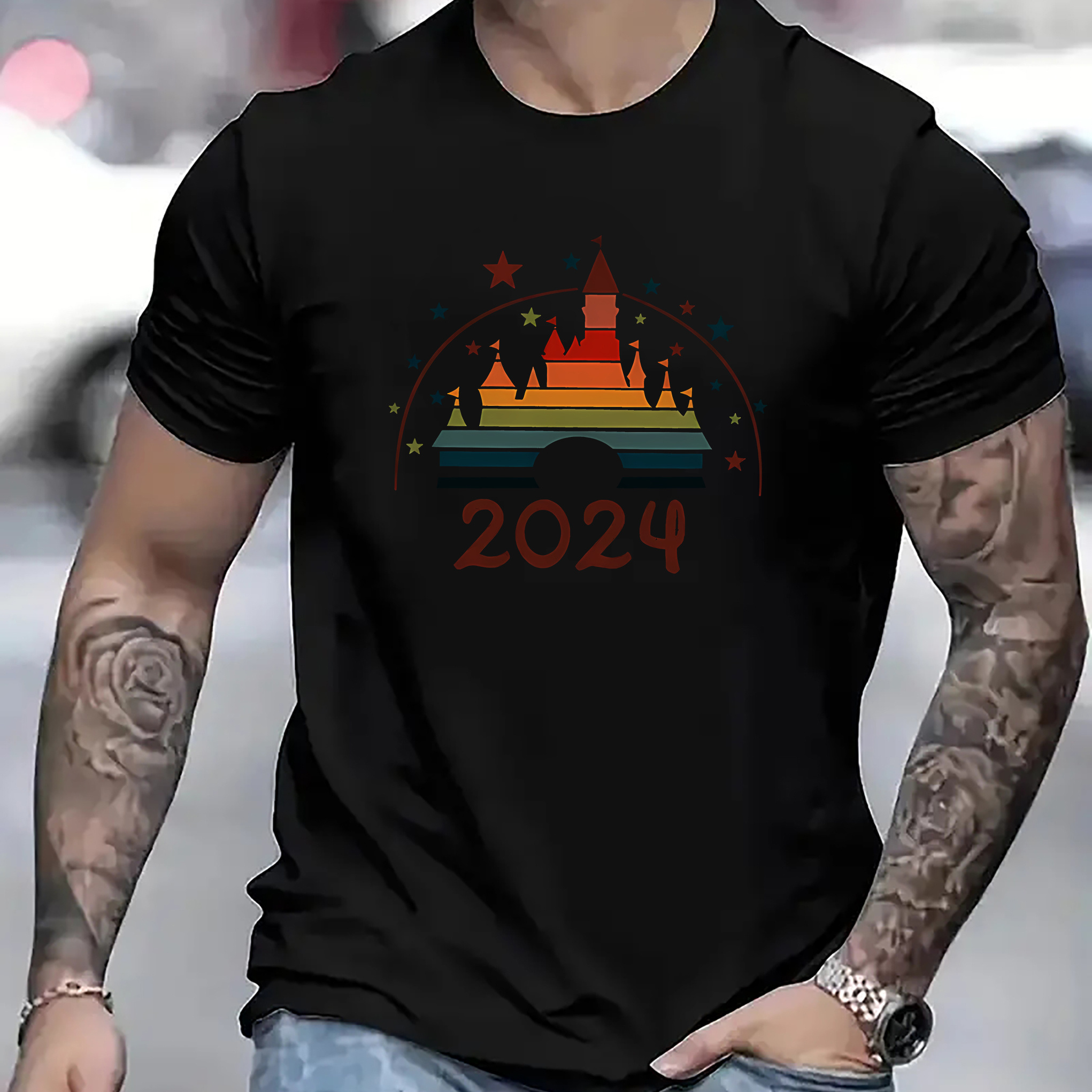 

2024 Castle Print, Men's Round Neck Short-sleeve T-shirt, Casual T-shirt, Casual And Comfortable Summer Light Top