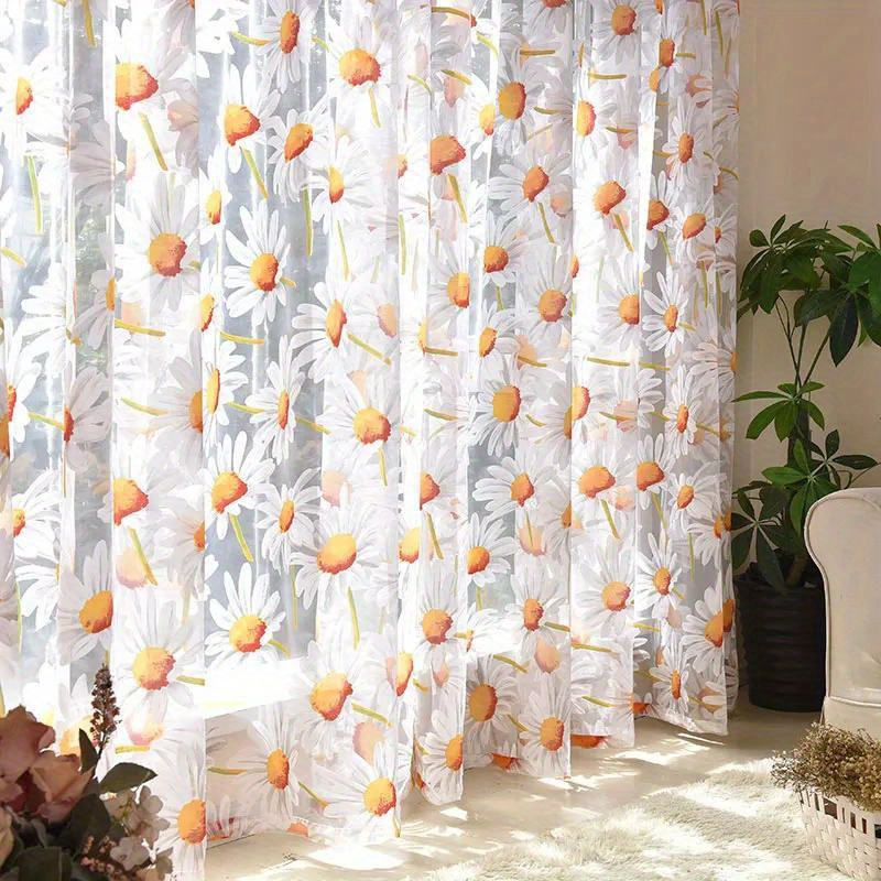 Image of 2-pack Sunflower Floral Pattern Sheer Eyelet Window Curtains For Living Room And Bedroom