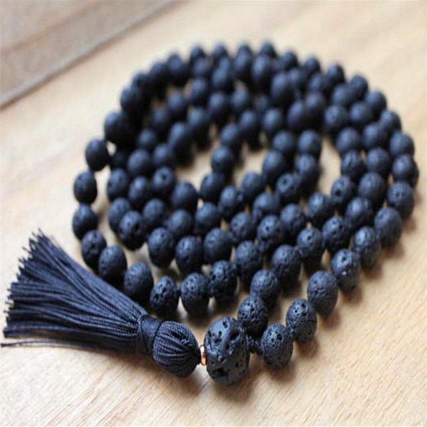 Image of 8mm Natural Lava Stone 108 Mala Beads Tassel Necklace Hand Beads Knotted Meditation Tassel Knotted Natural Stone Necklace Christmas Bracelet Gift