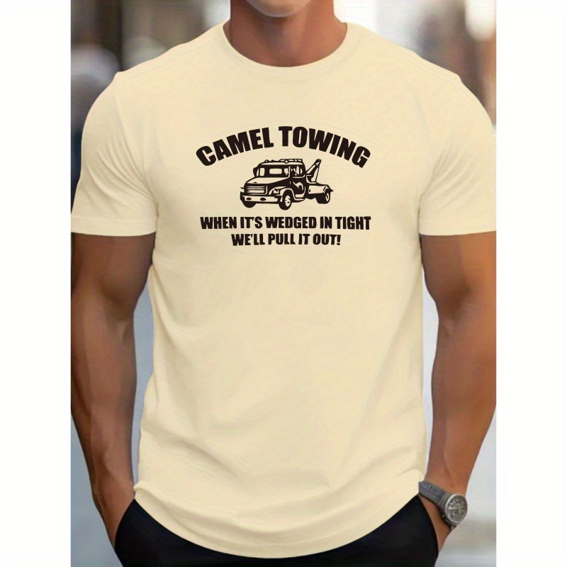 

Camel Towing Print, Cotton Short Sleeve T-shirt For Men, Spring And Summer Round Neck Casual Versatile Top