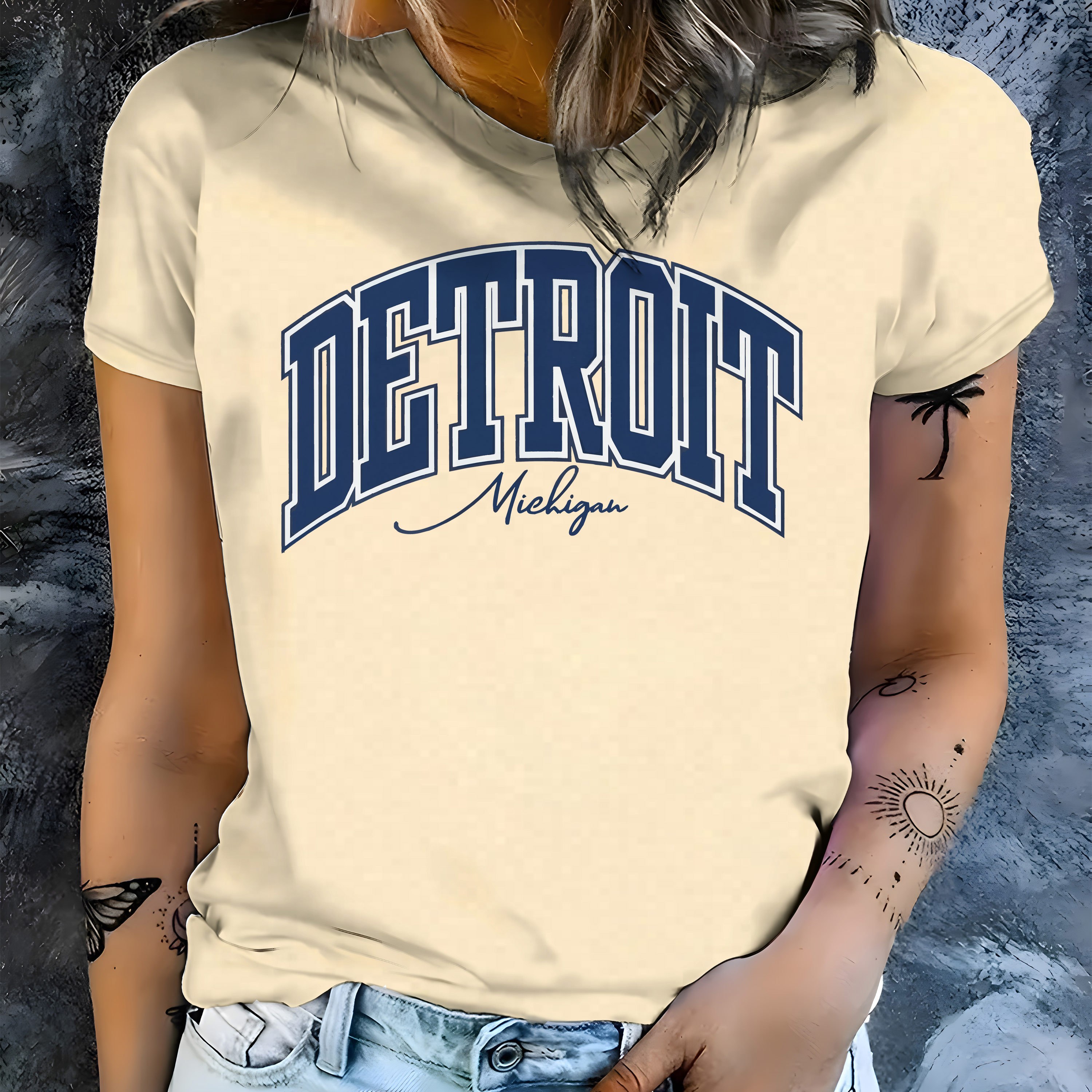 

Women's Casual Crew Neck T-shirt With Detroit Graphic Print, Short Sleeve Summer & Spring Top – Fashion Apparel