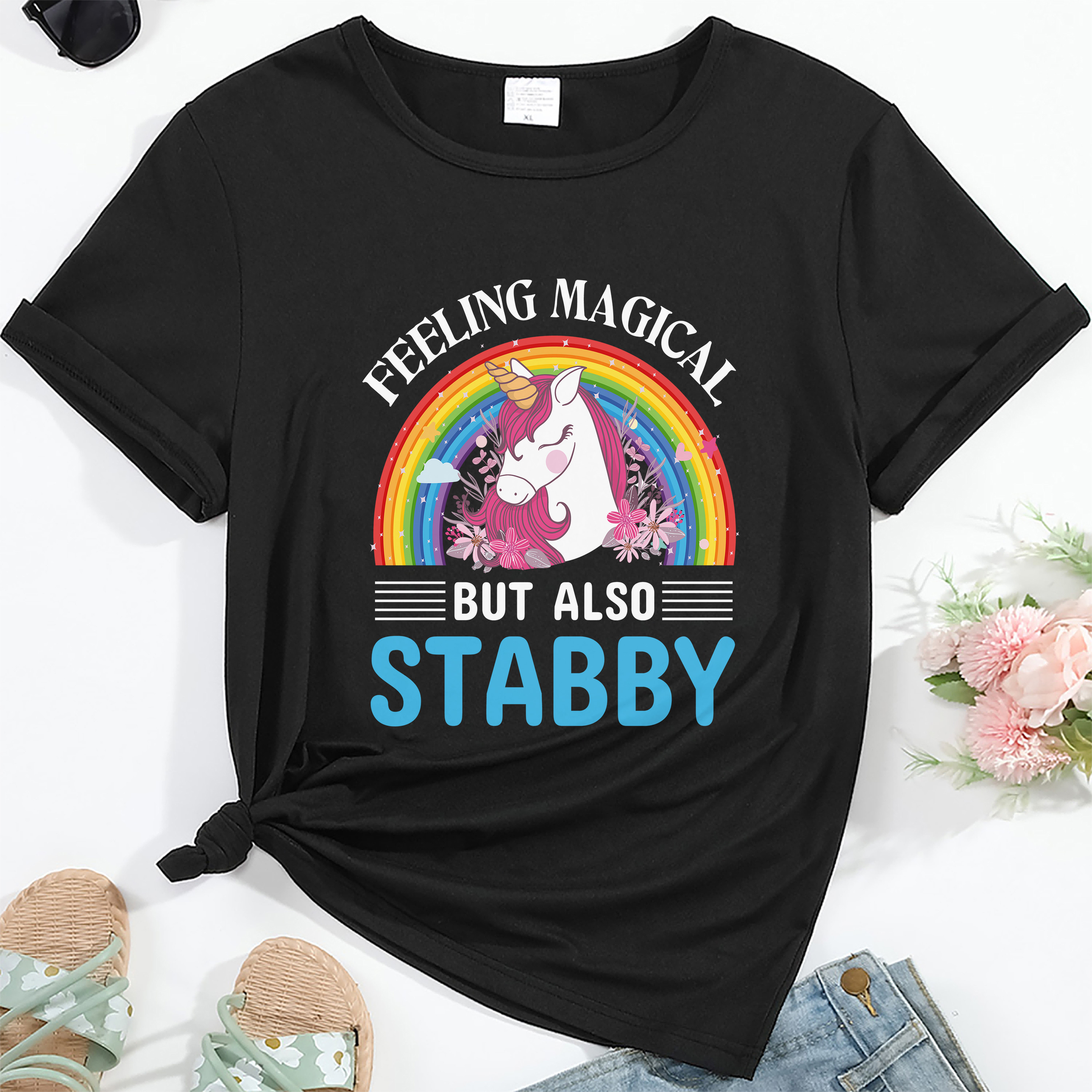 

Women's Casual Short Sleeve T-shirt, Crew Neck, Summer & Spring Fashion, Graphic Print With "feeling Magical But Also Stabby", Lightweight Comfort Fit Clothing