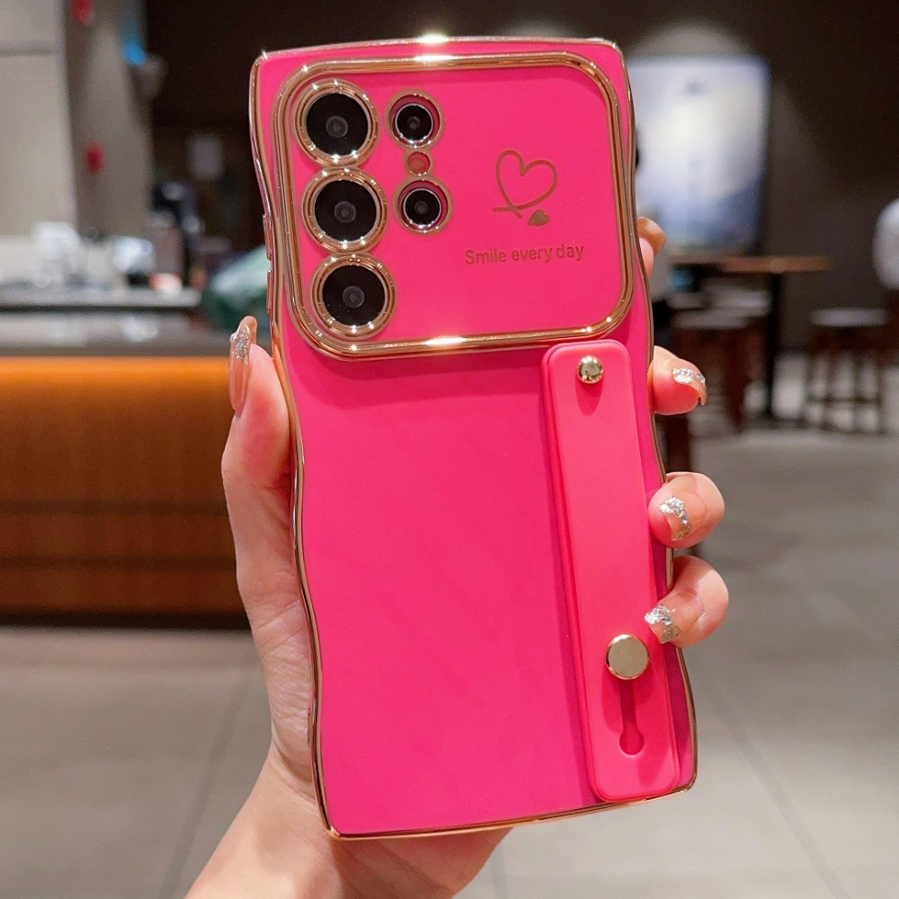 TEMU Electroplating Double Heart Wave Large Window + Bar Bracket Mobile Phone Case Suitable For Samsungphones22 S23 S24 + Ultra A14 A15 A24 A25 A34