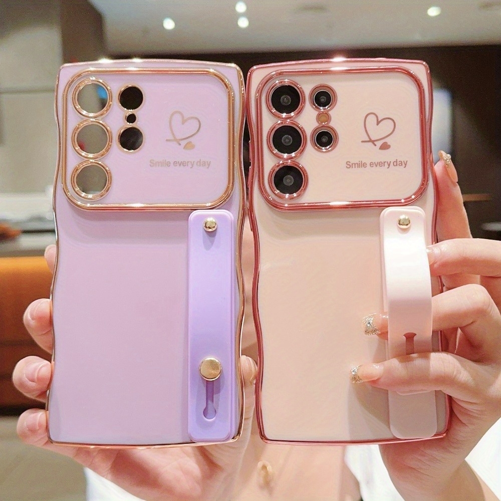 

Rose Gold Dual Heart Waves Phone Case With Stand For Samsung S22, S23, S24, Ultra A14, A15, A24, A25, A34, A35, A54, A55 - Tpu Material, Candy Color