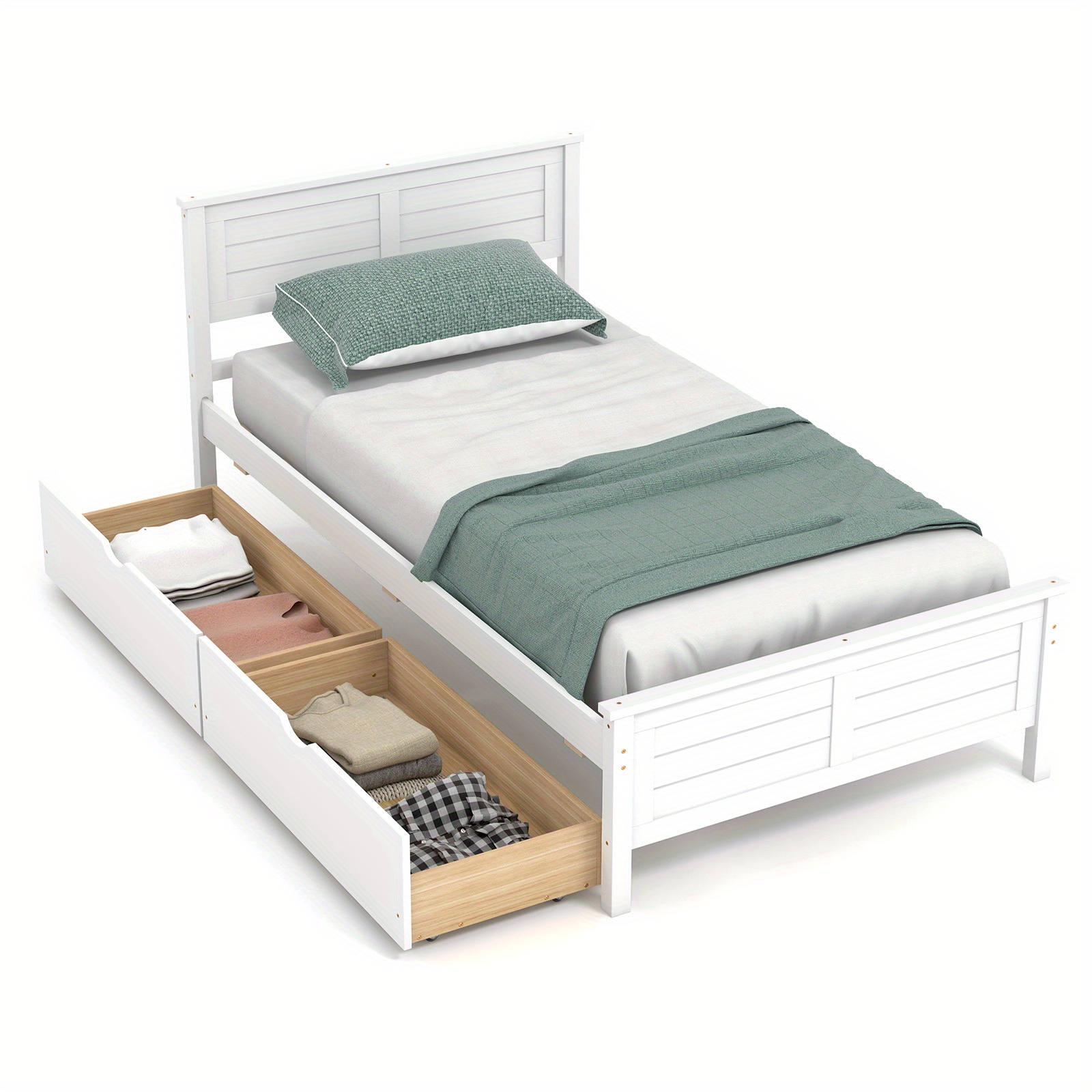 

Twin Wooden Platform Bed Frame With 2 Storage Drawers Slats Support White