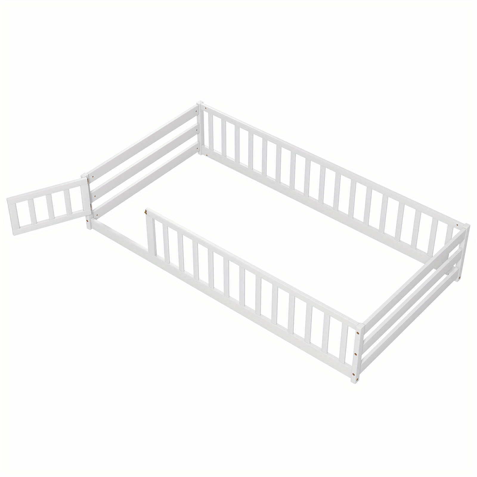 

Twin Size Floor Bed With Door & Fence With Safety Guardrails & Slats Support