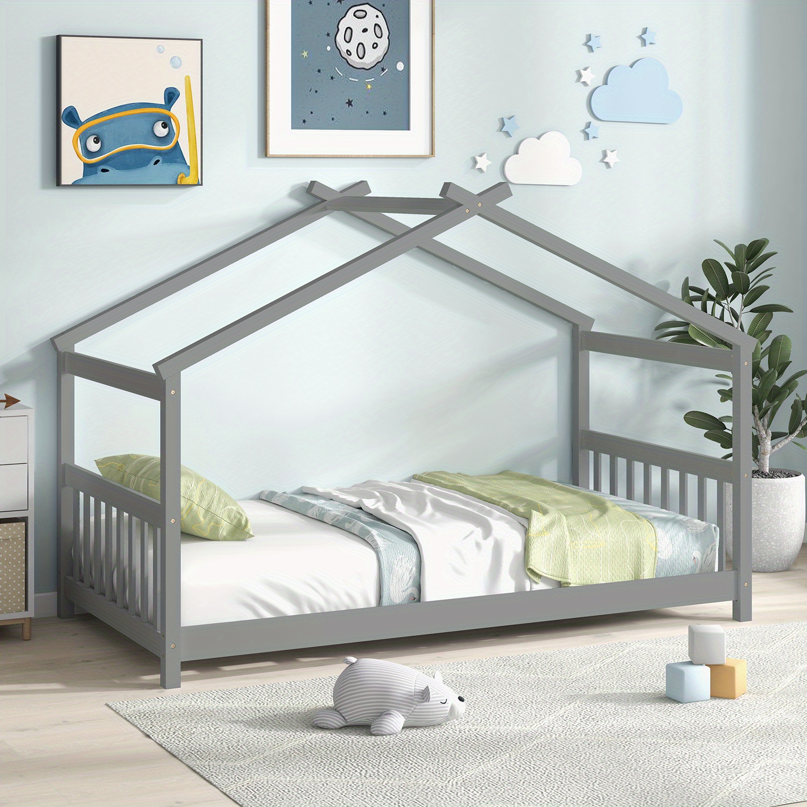 TEMU Twin Size House Bed With Roof Wooden Low Floor Bed No Box Spring Needed Grey
