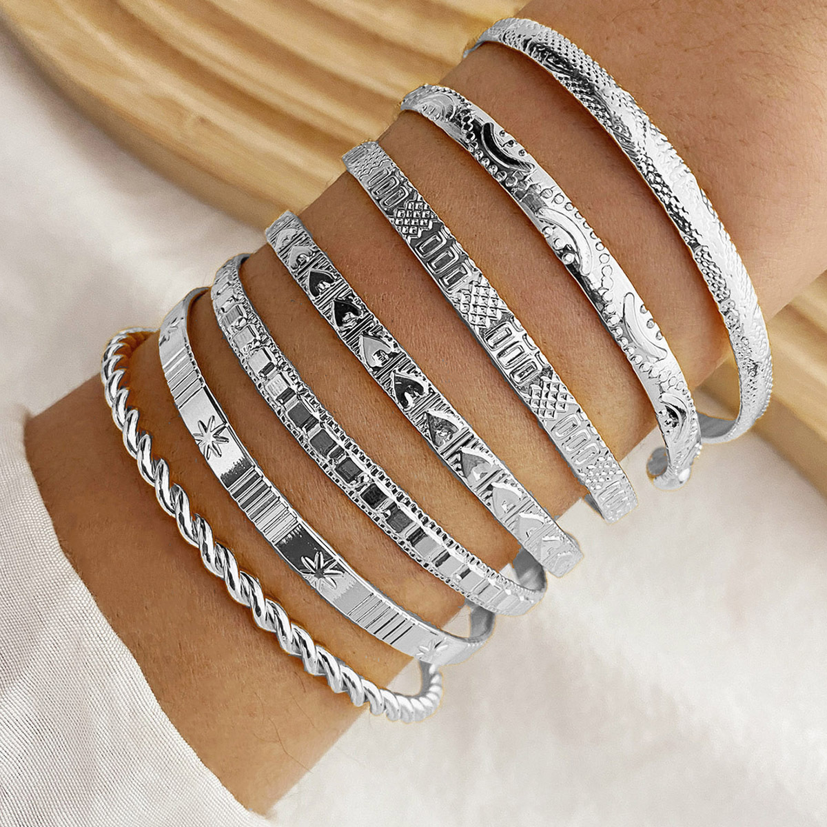 TEMU 7pcs Set Of 304 Stainless Steel Material Bracelet Combination, Bohemian Style And Punk Style Alloy Open Cuff Bracelet, With Arrow And Star
