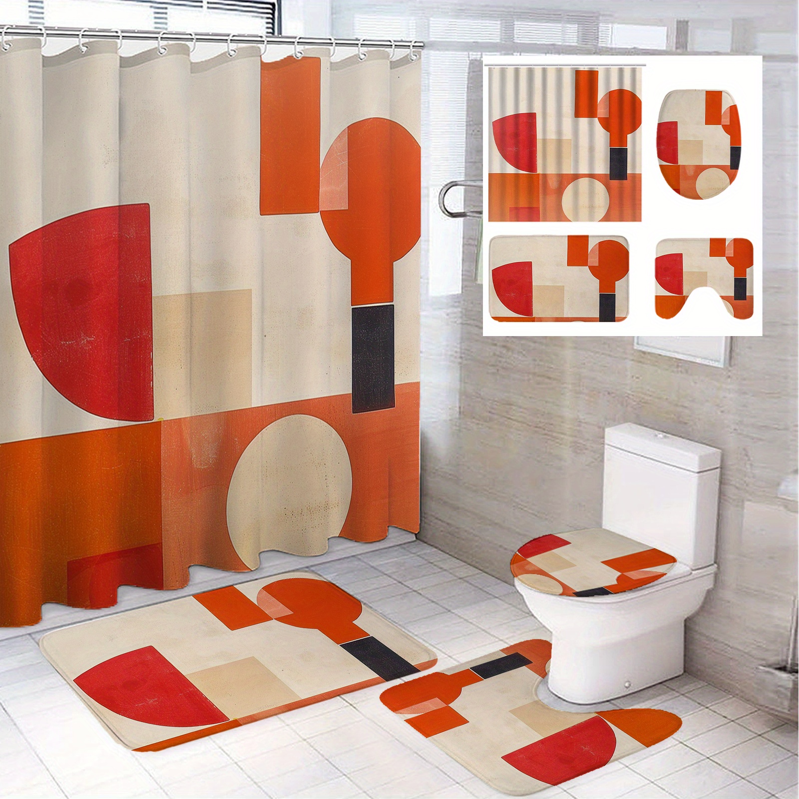 

1/4pcs Orange Geometric Patchwork Pattern Modern Bathroom Decoration, Polyester Bathroom Set With 12 Hooks, Bathroom Non-slip Floor Mat, Toilet Seat Cover And U-shaped Mat Home Decoration 71*71in