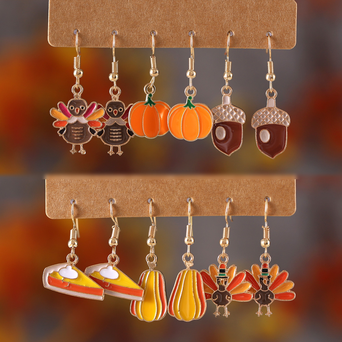 

Festive Thanksgiving Jewelry: 3 Pairs Of Enamel Earrings Featuring Turkeys, Pumpkins, And Pies - Perfect For Fall And Thanksgiving Celebrations