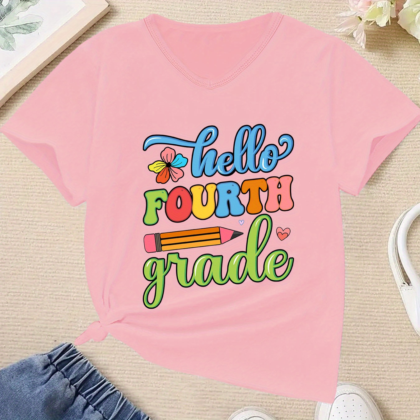 

Girls' V-neck Short Sleeve T-shirt With "hello Fourth Grade" Print, Casual Comfort Fit, Stylish Versatile Top