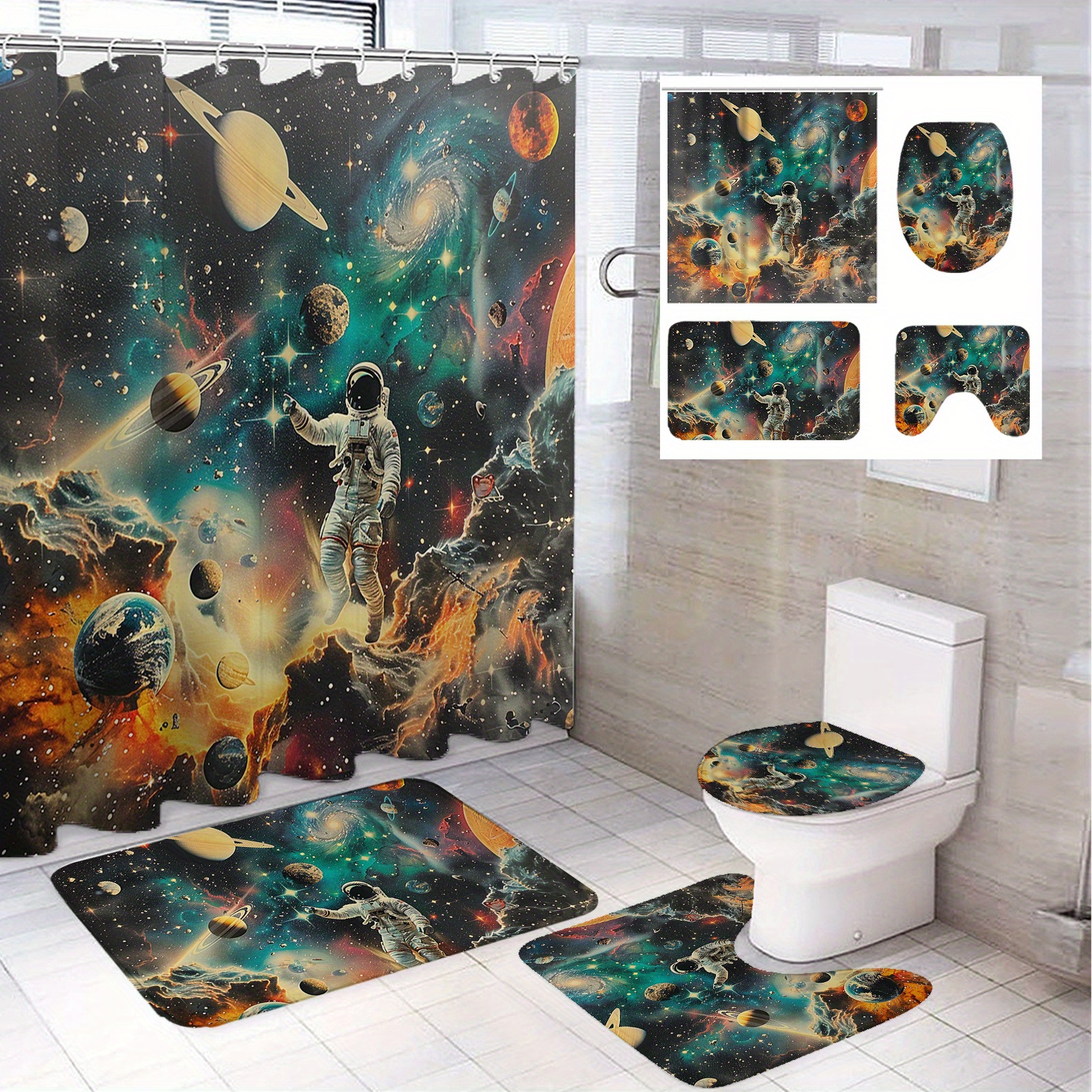 

1/4pcs Astronaut And Mysterious Space Pattern Modern Bathroom Decor, Polyester Bathroom Set With 12 Hooks, Bathroom Non-slip Mat, Toilet Seat Cover And U-shaped Mat Home Decor 71*71in