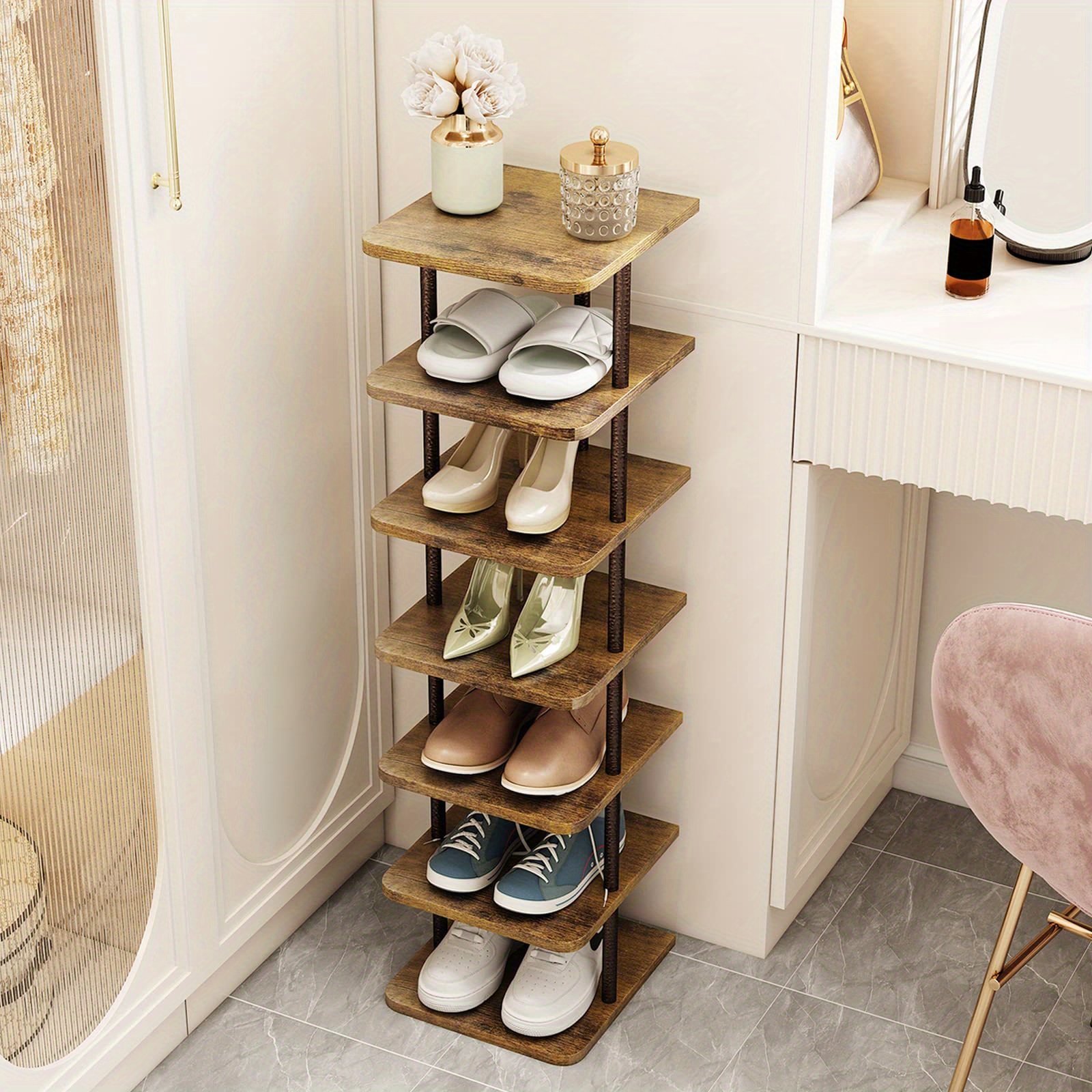 

Shoe Rack Organizer 7 Tier Vertical Storage Stand Narrow Shelf For Small Entryway Corner Closet Door Bedroom (bronze + Rustic Dark Brown, 7 Tier-small)