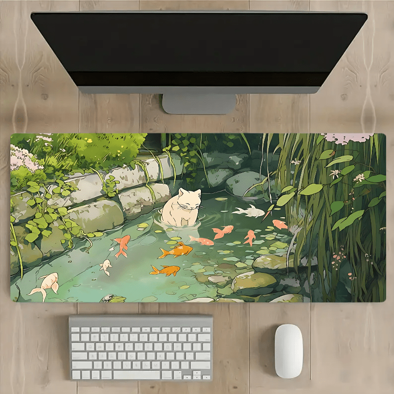 

White Cat & Koi Fish Gaming Mouse Pad, Natural Rubber Desk Mat, Non-slip Oblong Office Mousepad With Green Plant Design, Water-resistant Keyboard Pad For Home Office Accessories - 35.4x15.7 Inches
