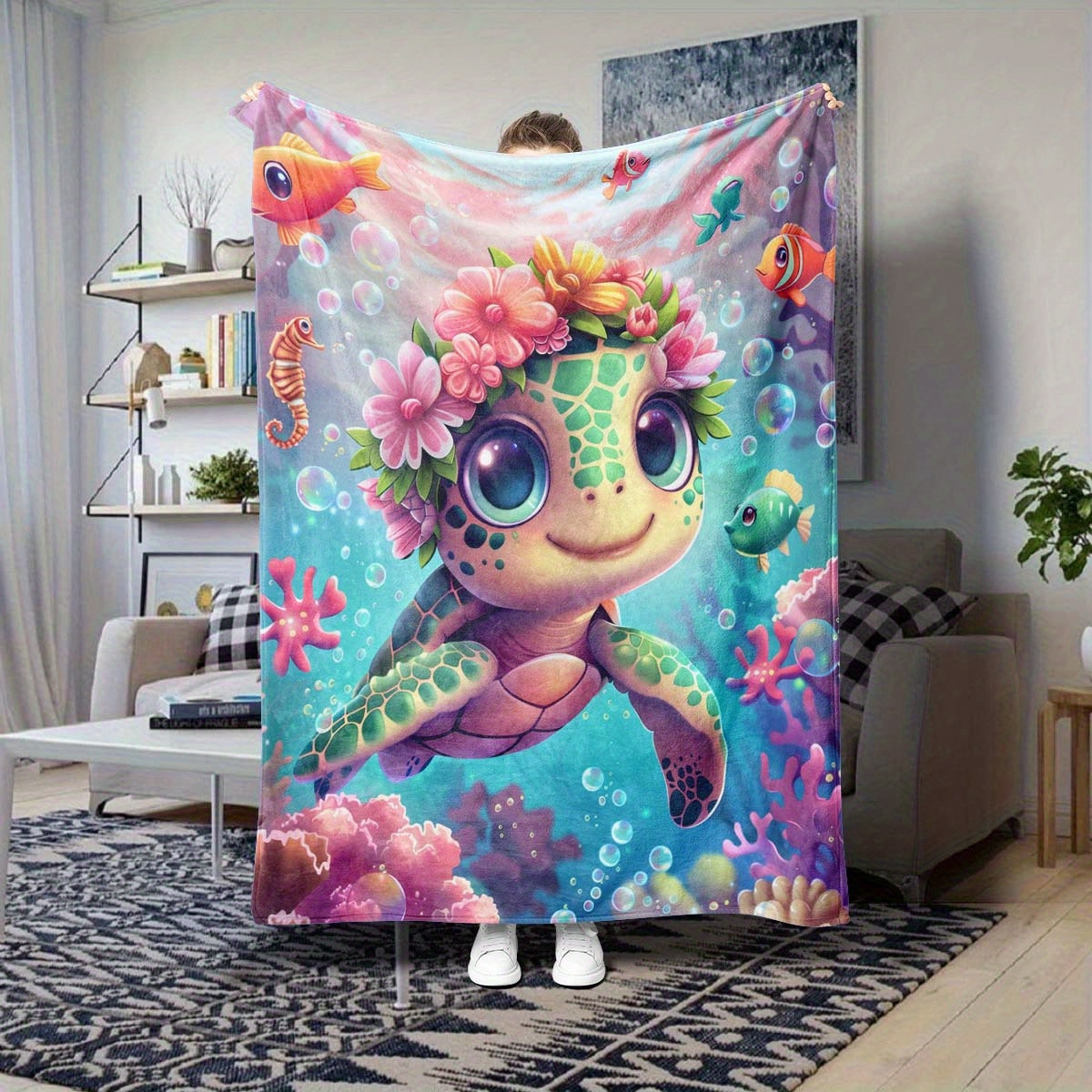 

Adorable Cartoon Turtle Print Portable Blanket For Office Naps - Soft Polyester