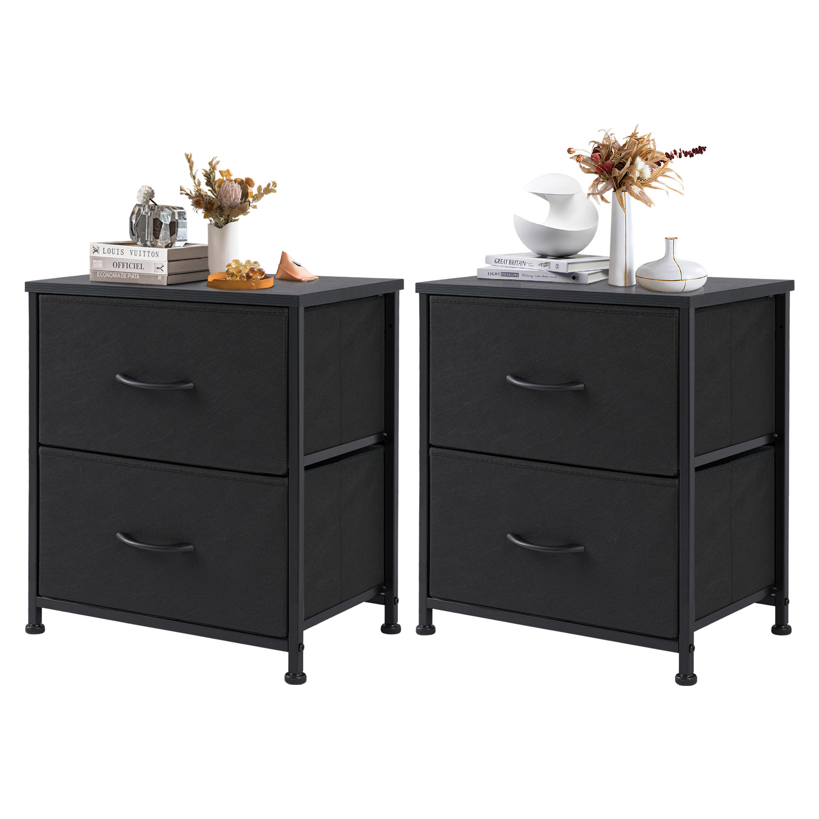 

Black Nightstand With 2 Storage Drawers, Set Of 2 Small Bed Side Furniture End Table, Wooden Top Fabric Cabinet Stand Dresser For Bedroom, Closet, Entryway