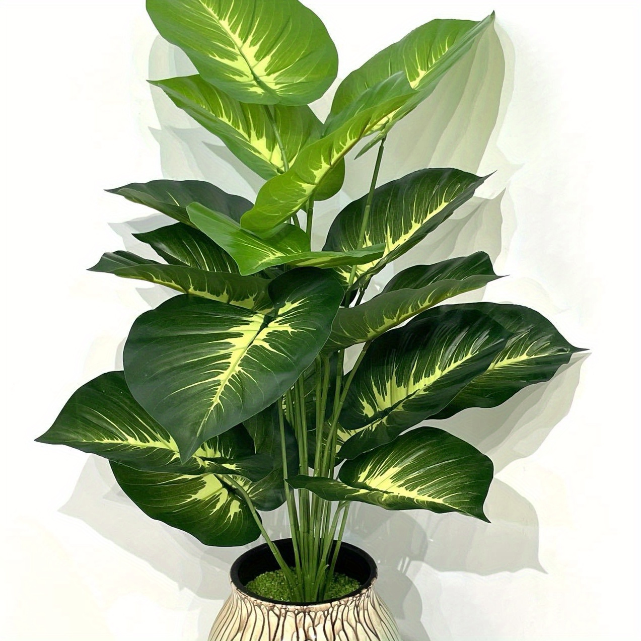 

Artificial Dieffenbachia Plant With Plastic Green Leaves – Faux Evergreen Bonsai For Home Decor, 12/18 Heads Realistic Simulation Indoor Greenery