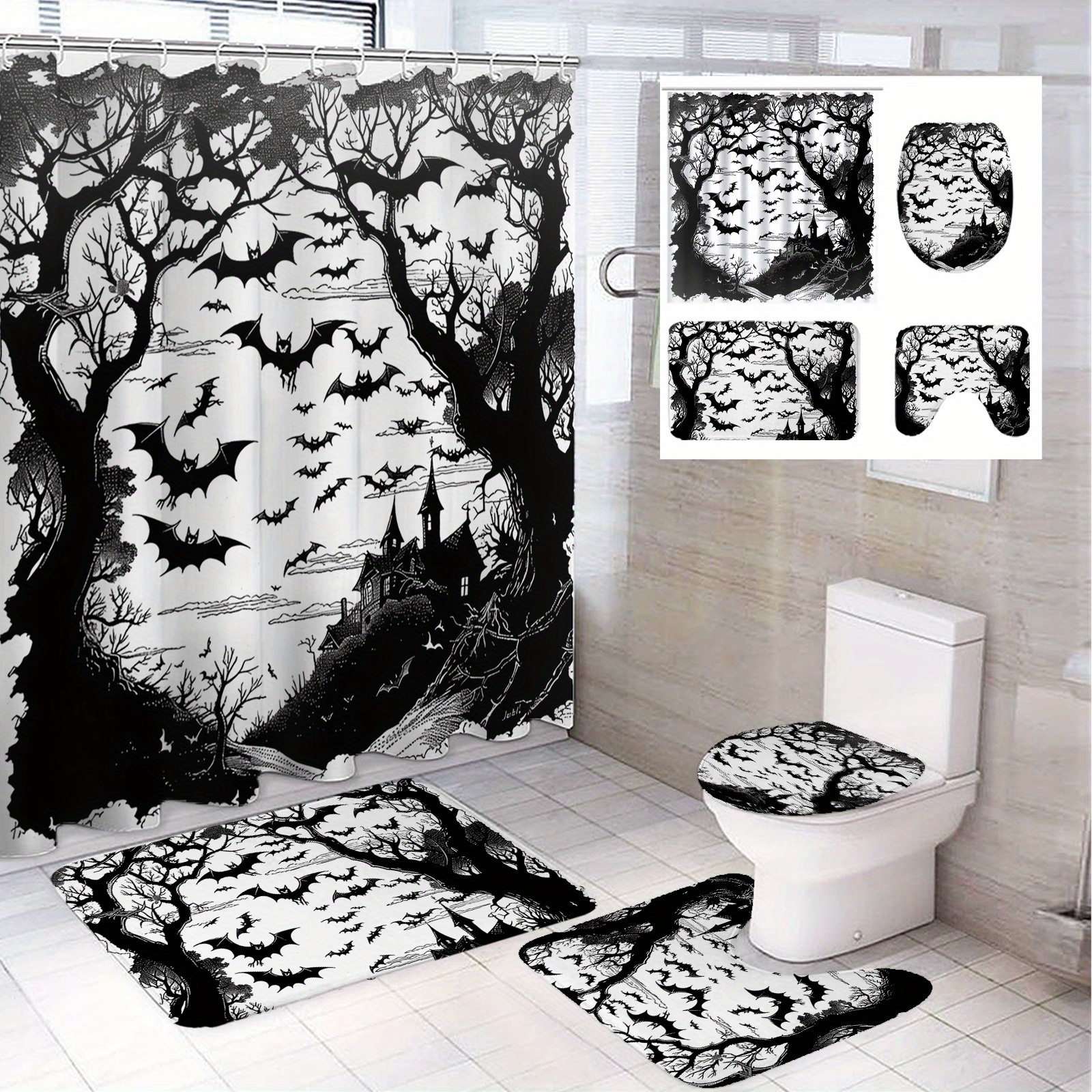 

Spooky Halloween Bathroom Set: Black Bat-themed Shower Curtain, Rug, Toilet Seat Cover, And U-shaped Mat - Perfect For 12-14 Year Olds - Waterproof And Artistic Design