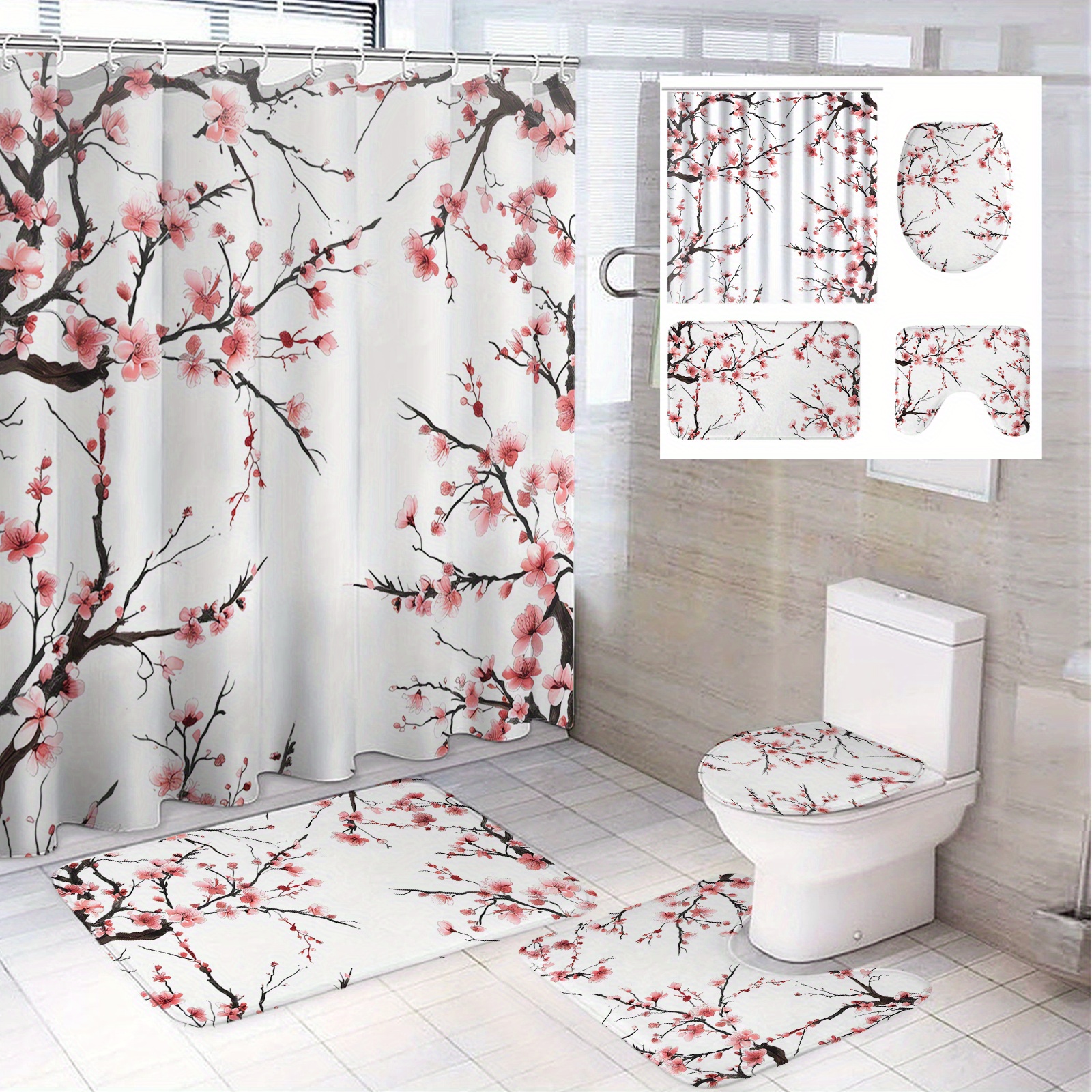 

1/4pcs Cherry Tree In Bloom Pattern Modern Bathroom Decor, Polyester Bathroom Set With 12 Hooks, Bathroom Non-slip Floor Mat, Toilet Seat Cover And U-shaped Mat Home Decor 71*71in