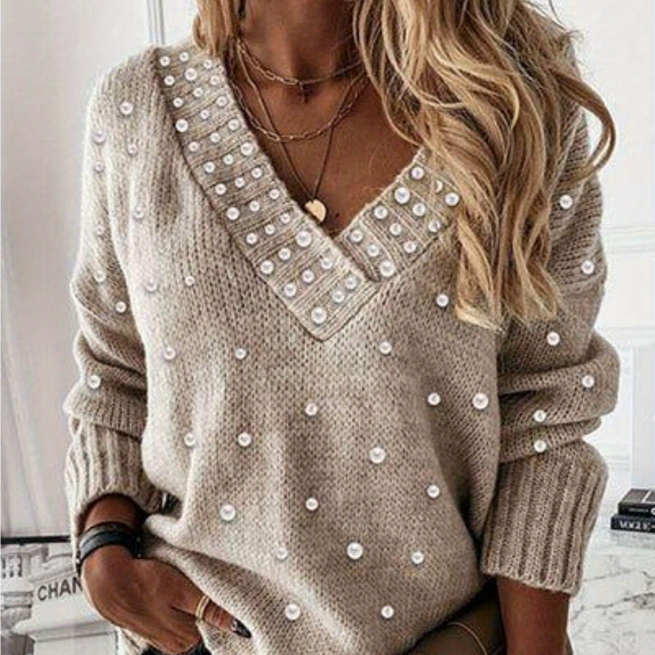 

Pull à manches longues avec décorations en perles, élégant pull à col en V à épaules tombantes de couleur unie pour l'hiver et , vêtements pour femmes