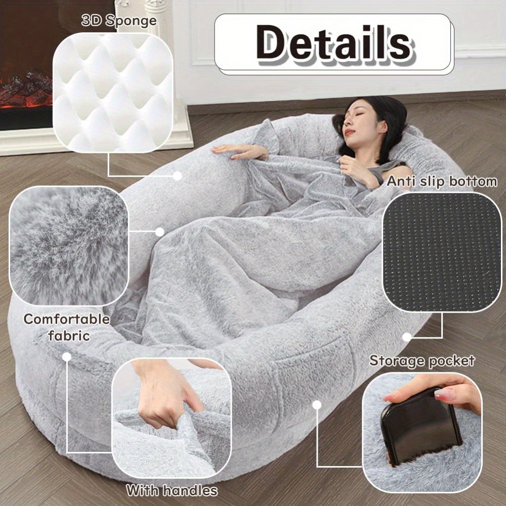 extra large plush human dog bed 72 x43 x11 bean bag chair for people pets soft fleece with removable blanket pillow easy   for relaxing sleeping brown     breeds Product details 2