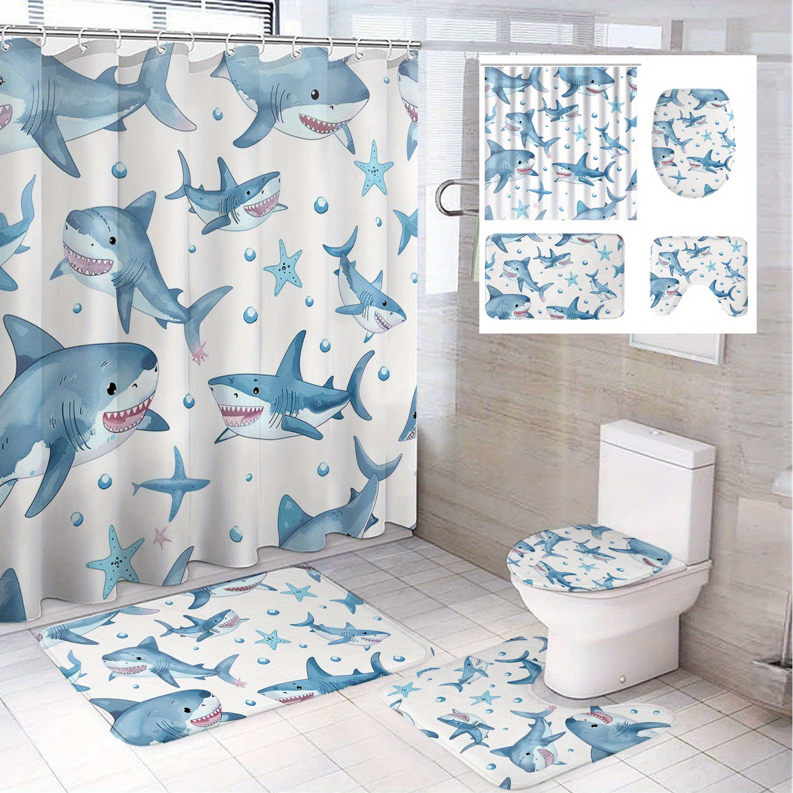 

1/4pcs Painted Cute Shark Pattern Modern Bathroom Decoration, Polyester Bathroom Set With 12 Hooks, Bathroom Non-slip Mat, Toilet Seat Cover And U-shaped Mat Home Decoration 71*71in