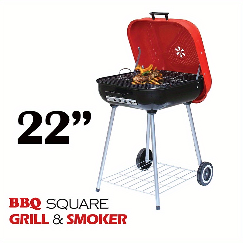 

22inch Charcoal Bbq Grill Square For Outdoor Cooking, Barbecue Coal Kettle Bowl Grill Portable Heavy Duty Round With Legs Grilling For Tailgating Patio Backyard Camping - Red
