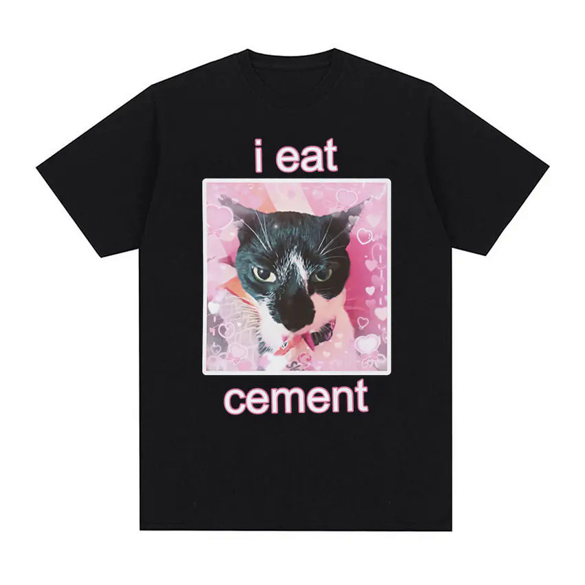 

3d Digital Funny Cat Pattern And I Eat Cement Letter Print Crew Neck And Short Sleeve T-shirt, Pure Cotton Tee For Men, Summer Tops For Casual And Street Wear