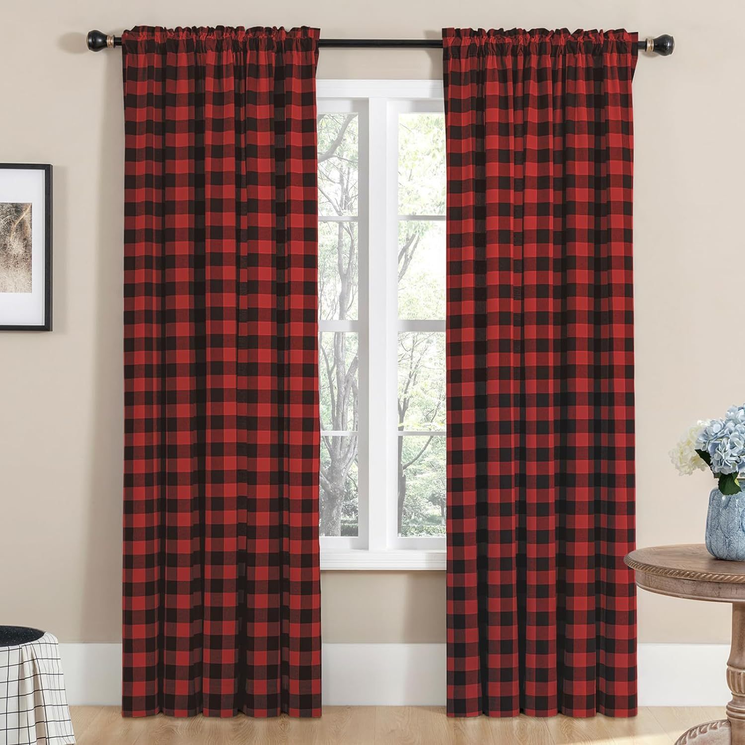 

2pcs Black Red Buffalo Check Plaid Curtains For Living Room, Farmhouse Gingham Style Cotton Texture Rod Pocket Bedroom Semi Curtain Drapes