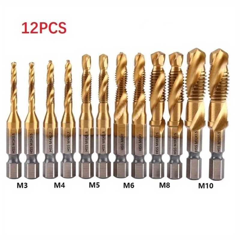 

12pcs Titanium Coated Hss Tap Drill Bits Set Hex Shank Screw Thread Bit Screw Machine Compound Tap M3 M4 M5 M6 M8 M10