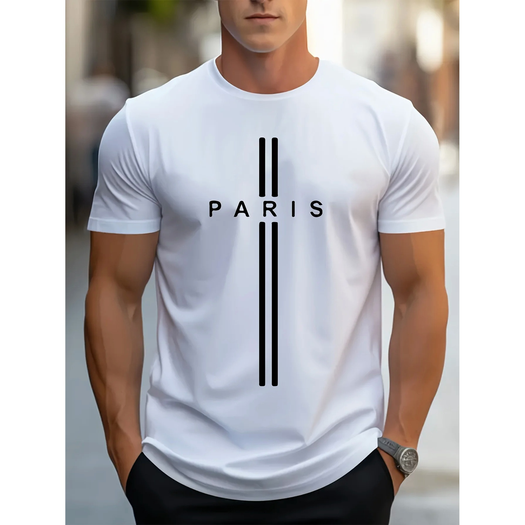 

Men's Pure Cotton Summer Loose Fitting Oversized Paris Print Casual Slim Fit Round Neck Short Sleeved T-shirt Top