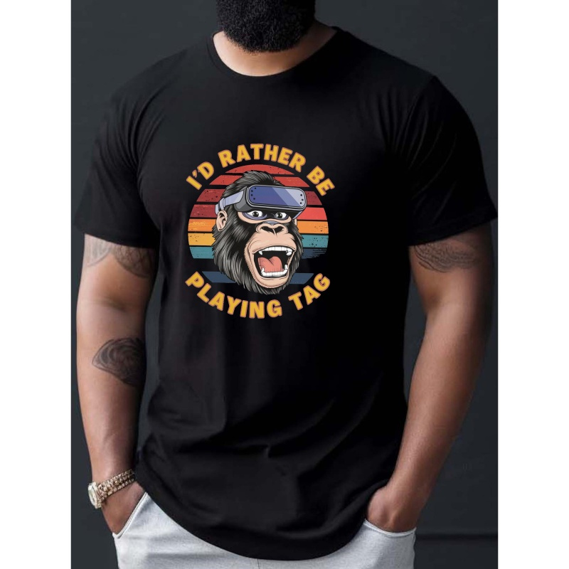 

Gorilla With Headset Print T-shirt For Men, Casual Short Sleeve Top, Men's Tee For Summer Daily Wear