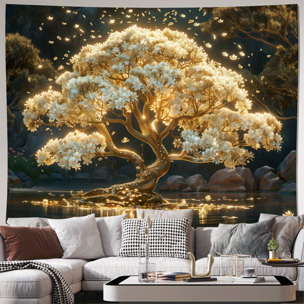 

White Metal-plated Tree Of Life Tapestry - Durable Polyester Wall Hanging For Living Room, Bedroom, Home Office Decor & Party Backdrop, Includes Installation Kit.