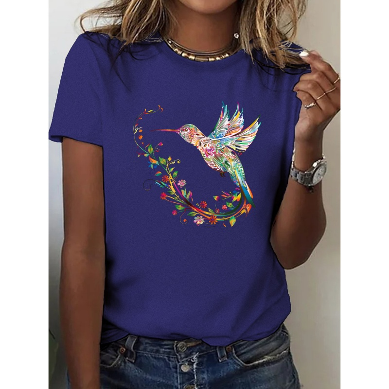 

Hummingbird Print Short Sleeve T-shirt, Casual Crew Neck Top For Spring & Summer, Women's Clothing