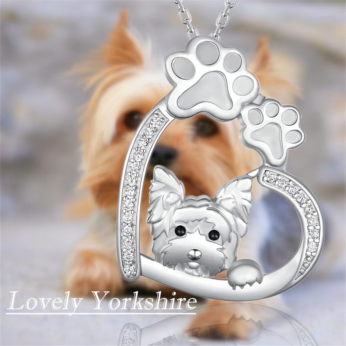 

Creative Cute Shining Rhinestone Heart-shaped Yorkshire Terrier Paw Pendant Necklace For Women Pet Puppy Jewelry Accessories Stainless Steel Chain Lover Holiday Gift