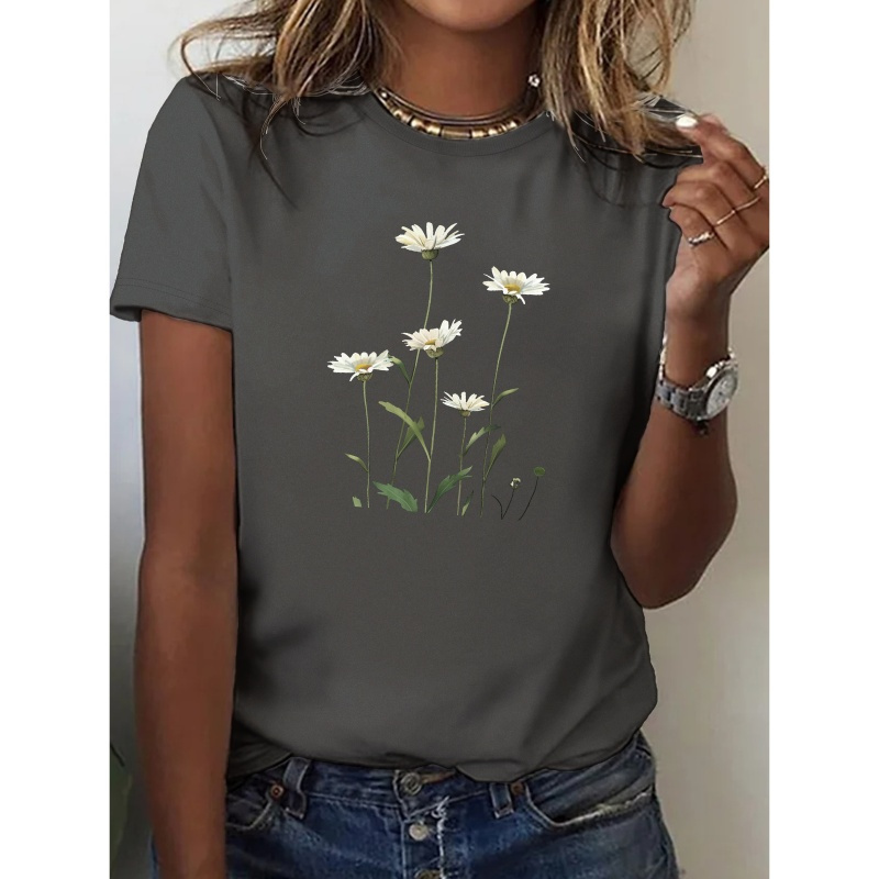 

Flower Print Casual T-shirt, Crew Neck Short Sleeve Top For Spring & Summer, Women's Clothing