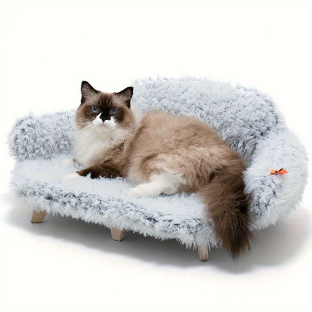 Lit Surélevé Pour Chat CheerPals - 70x47 Cm, Bois De Hêtre, Housse Peluche Lavable, Charge Max 15 Kg - Canapé Chat Confortable Et Design