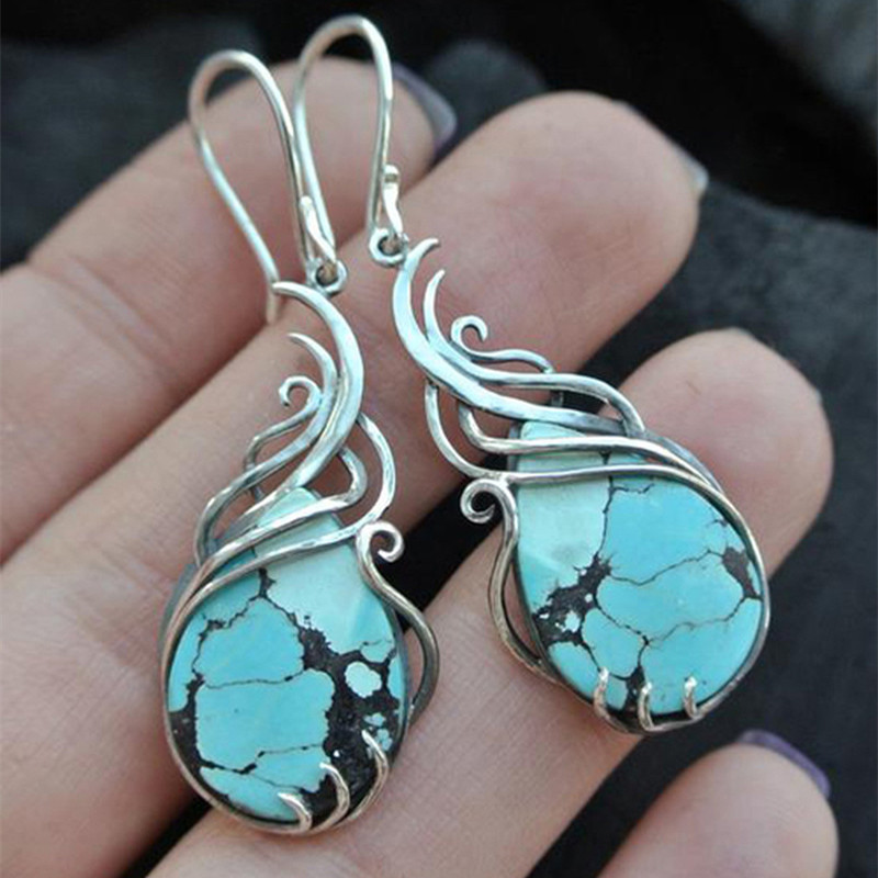 

Teardrop Shape Turquoise Design Dangle Earrings Retro Bohemian Style Zinc Alloy Silvery Plated Jewelry For Daily Casual